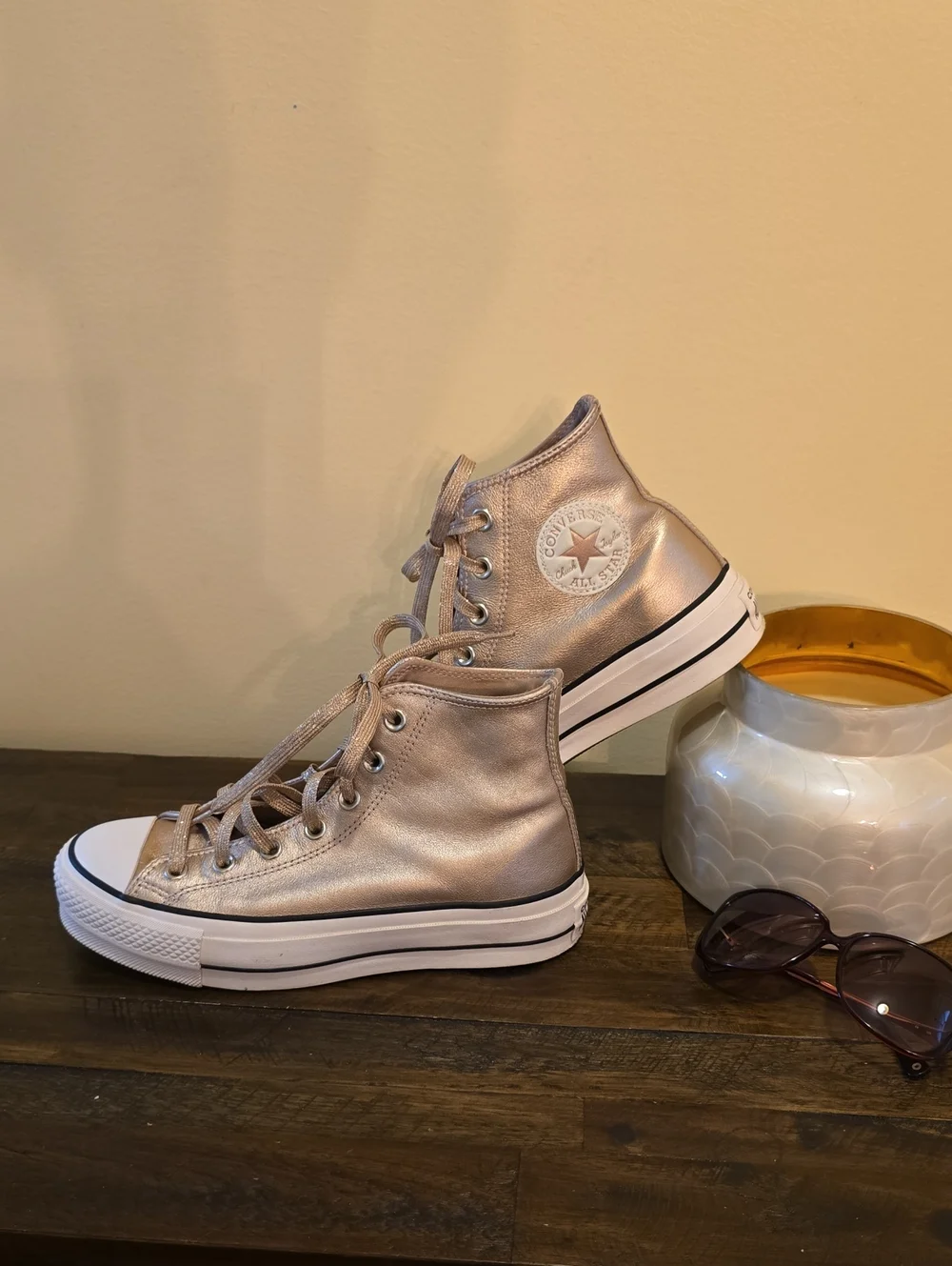 Women Converse Leather High Top Platform Sneakers in Metallic Rose - Picture 1 of 10
